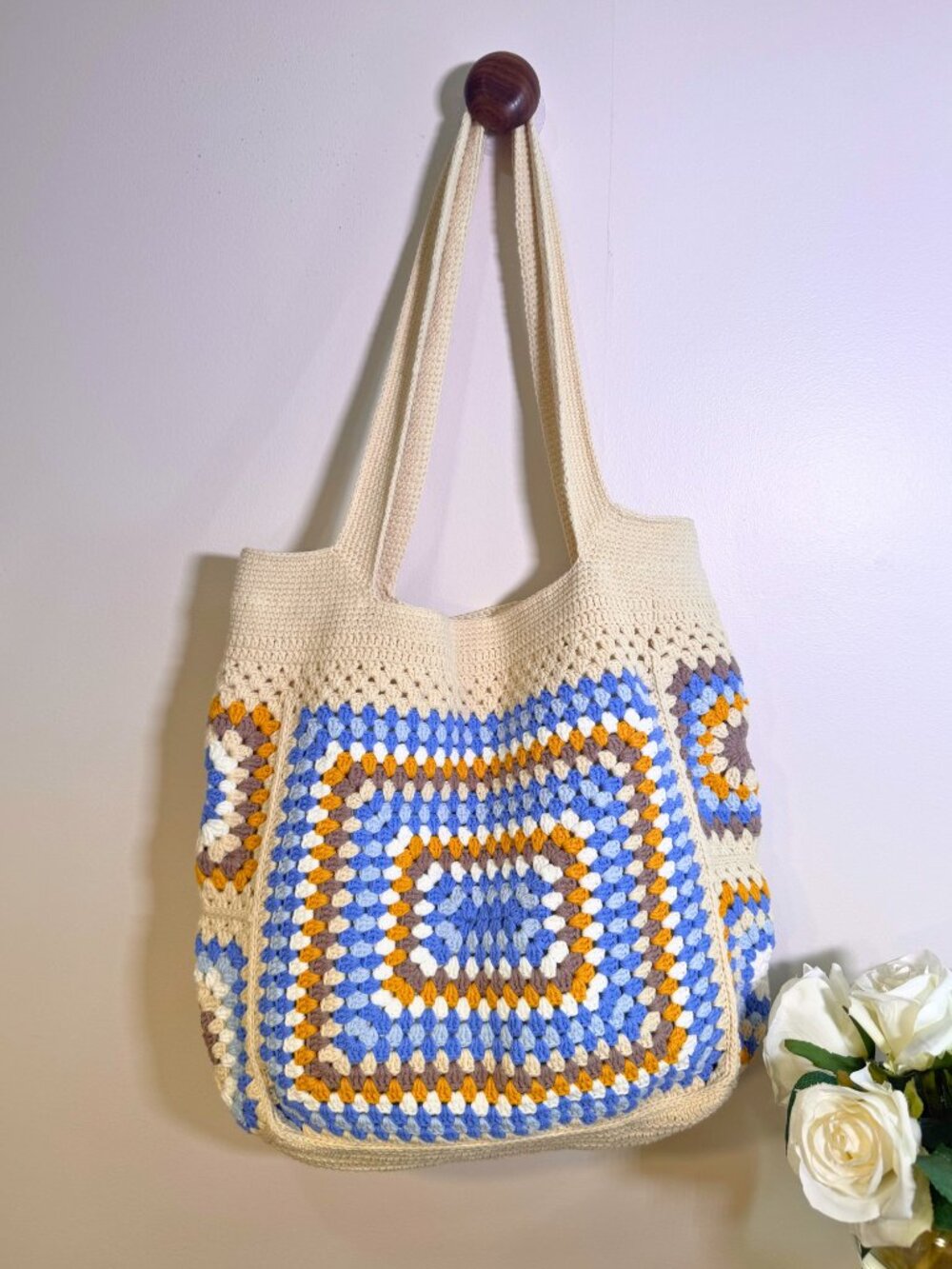 Handmade Blue & Cream Granny Square Crochet Tote